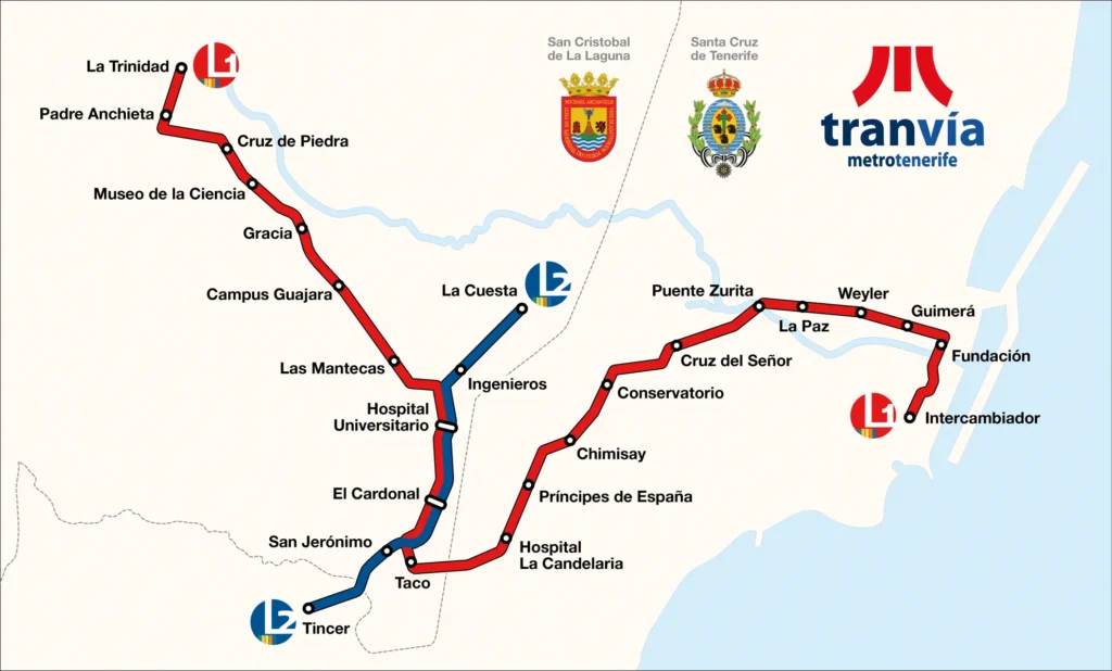 Mapa do percurso do elétrico de Tenerife