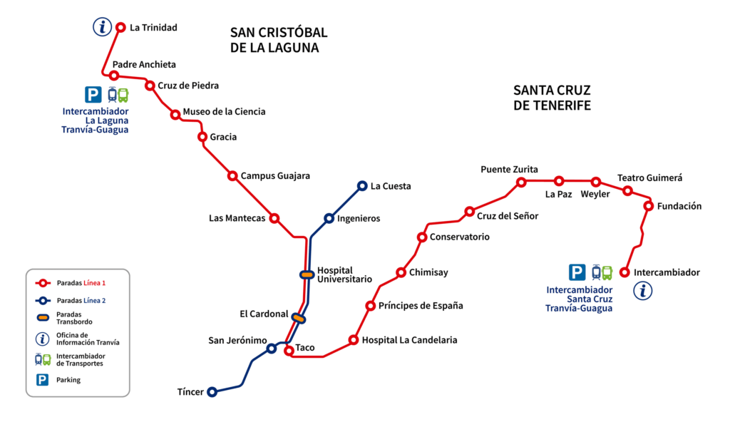 Carte de l'itinéraire du tramway de Ténériffe