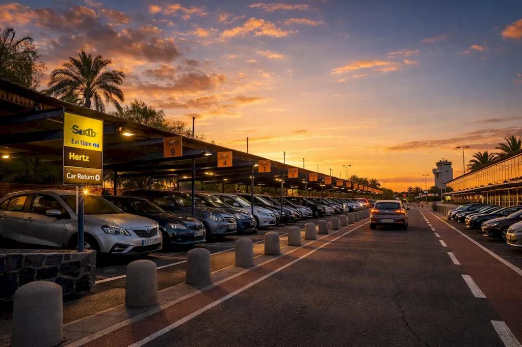 Парковка прокатных компаний находится в нескольких минутах ходьбы от терминала Южный аэропорт Тенерифе Рейна София — парковка прокатных автомобилей