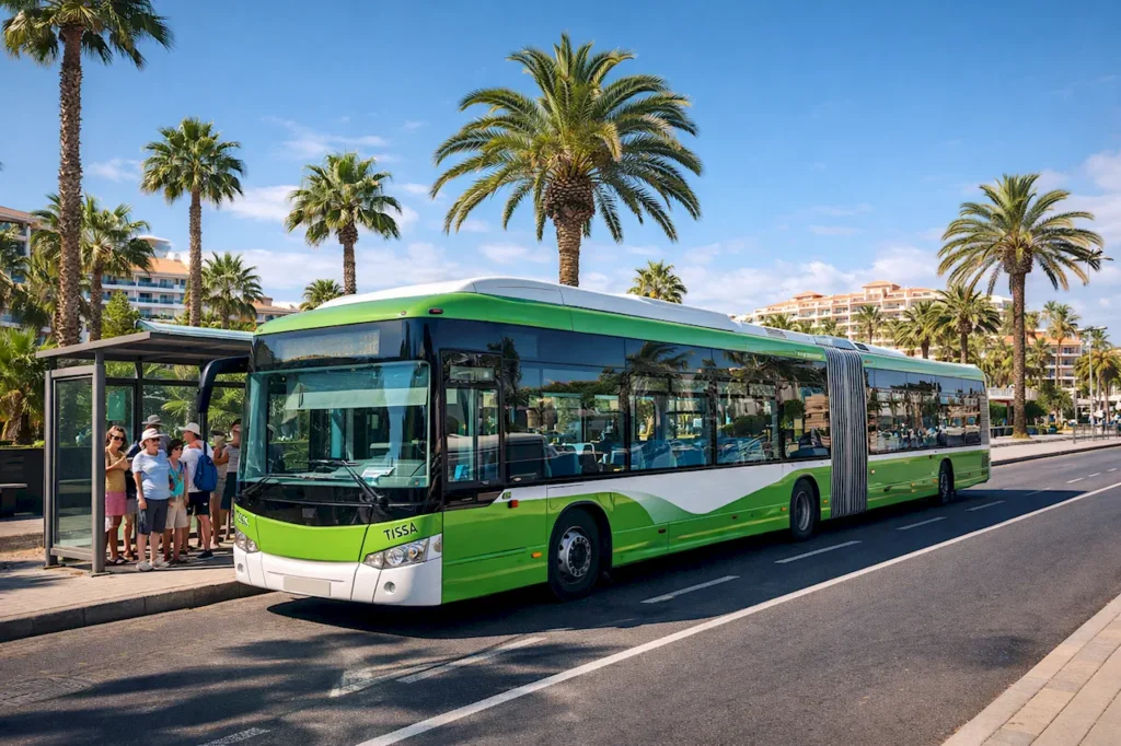 Автобусы Titsa связывают основные курорты южного побережья Автобус Titsa на остановке в Лас-Америкас — общественный транспорт Тенерифе