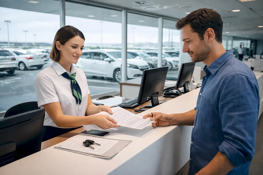 Стойки прокатчиков расположены в зале прилёта Южного аэропорта Офис проката автомобилей в аэропорту Тенерифе — оформление аренды