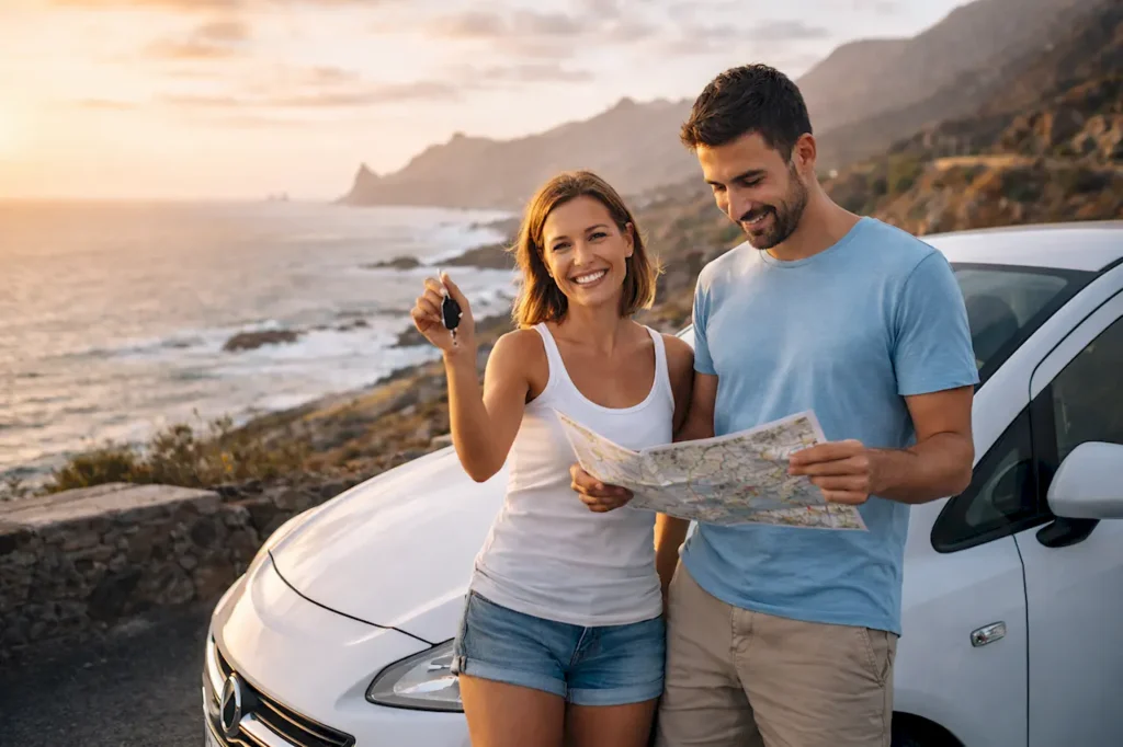 Машина даёт свободу останавливаться на любой смотровой площадке Туристы с арендованным автомобилем на смотровой площадке Тенерифе