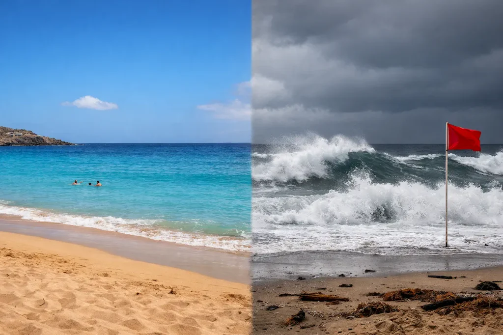 Сравнение спокойного летнего и штормового зимнего океана на побережье Тенерифе