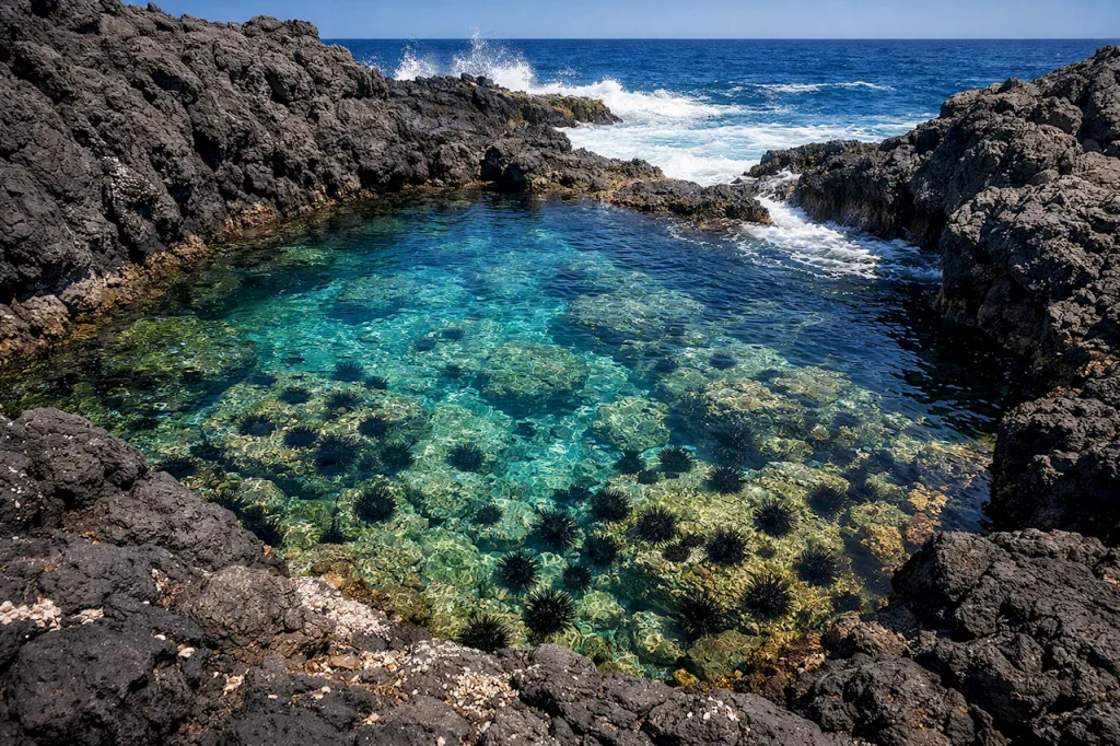 Природный бассейн (charco) в Гарачико Тенерифе с чёрной лавой и морскими ежами под водой
