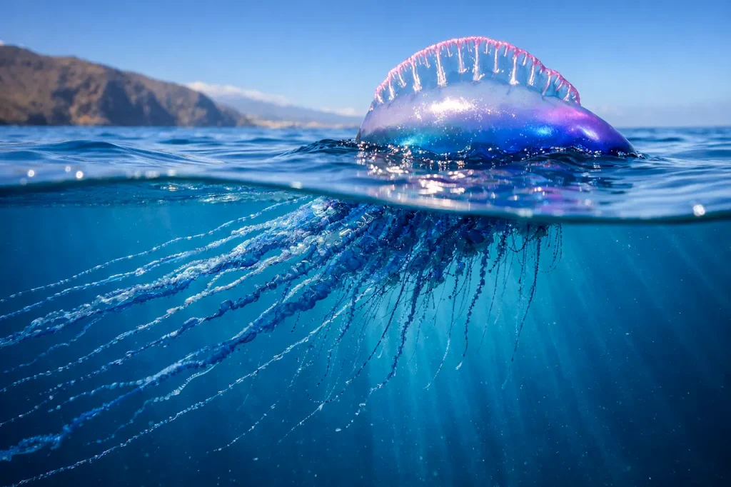 Португальский кораблик (карабела португальская) плавает на поверхности океана у берегов Тенерифе