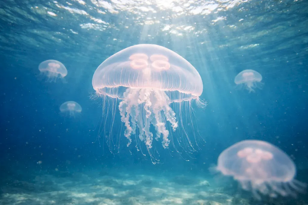 Прозрачная медуза плывёт в прибрежных водах Тенерифе с солнечными лучами сверху