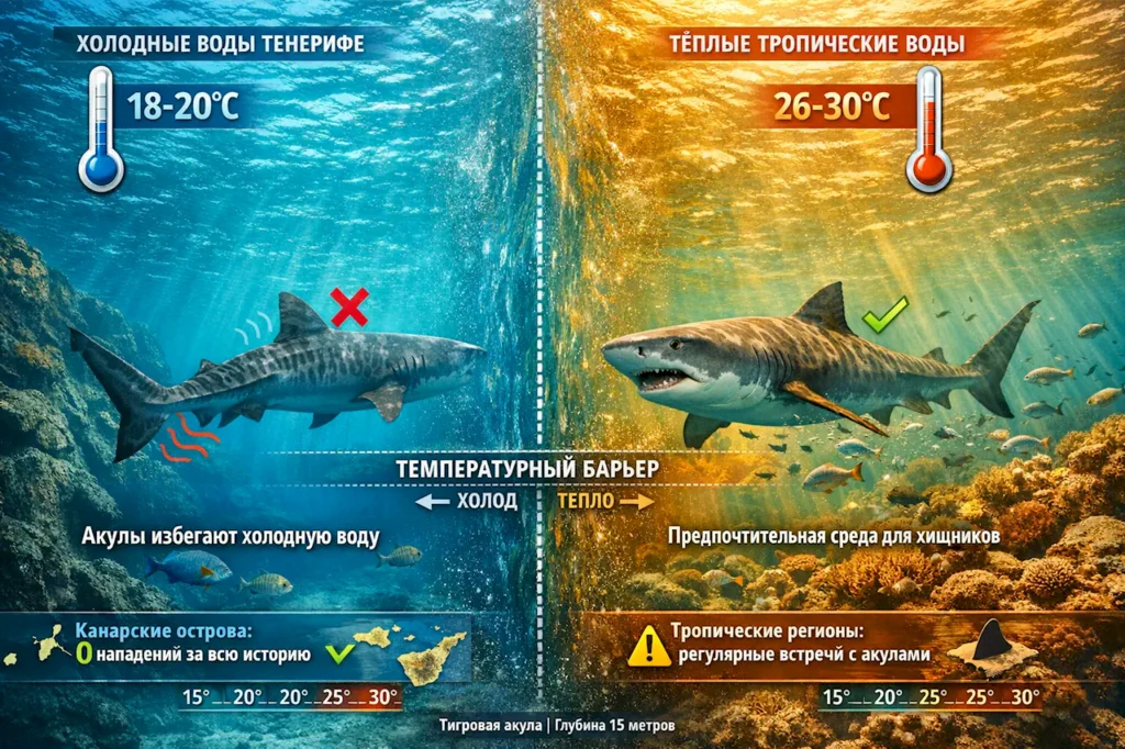 Акулы избегают холодных вод Тенерифе: температура 18-20°C создаёт естественный барьер
