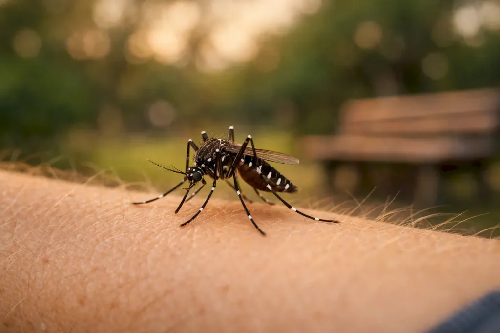 Комар Aedes на коже человека вечером в парке Тенерифе — обычная неприятность