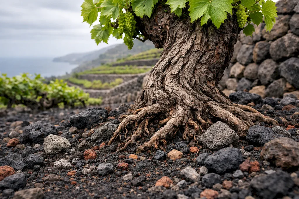 Древняя виноградная лоза на собственных корнях растет из черной вулканической почвы с базальтом на Тенерифе