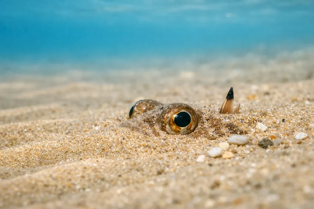 Рыба-арана зарыта в песок на мелководье Тенерифе, видны только глаза и ядовитый шип