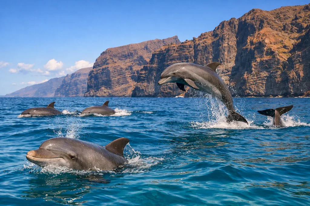Стайка дельфинов-афалин всплывает на поверхность и выпрыгивает из воды, бирюзовые воды Атлантического океана, скалы Лос-Гигантес, морская фауна Тенерифе.