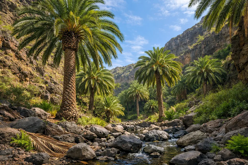 Пальмовая роща Канарских островов Phoenix canariensis, высокие стволы с алмазными рубцами, перистые кроны, вулканическое ущелье