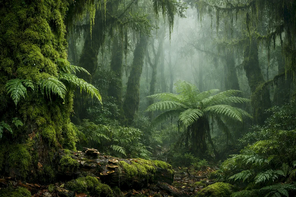 Густой лавровый лес Монтеверде, деревья, покрытые мхом, древовидные папоротники, свисающие лишайники, туманная атмосфера, горы Анага.