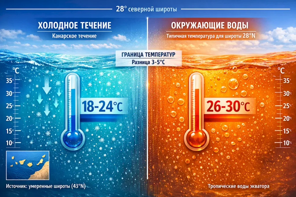 Диаграмма температур: почему Канарское течение холоднее окружающих вод Атлантики на 3-5°C