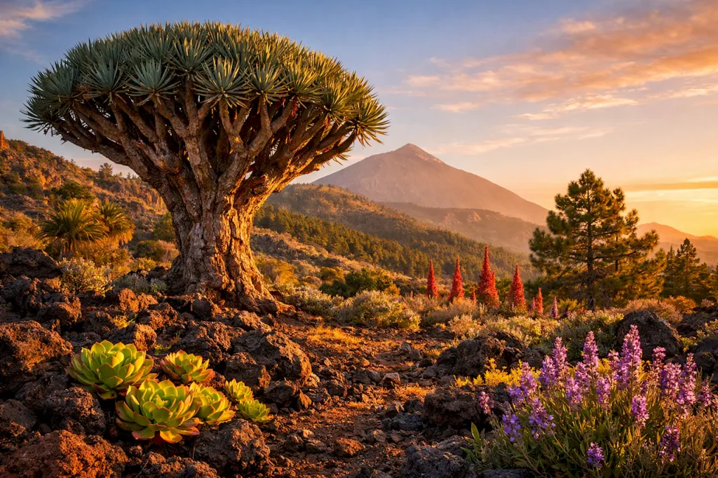 Драконово дерево с зонтикообразной кроной, эндемичные растения Канарских островов, вулканический ландшафт, закат в золотой час.
