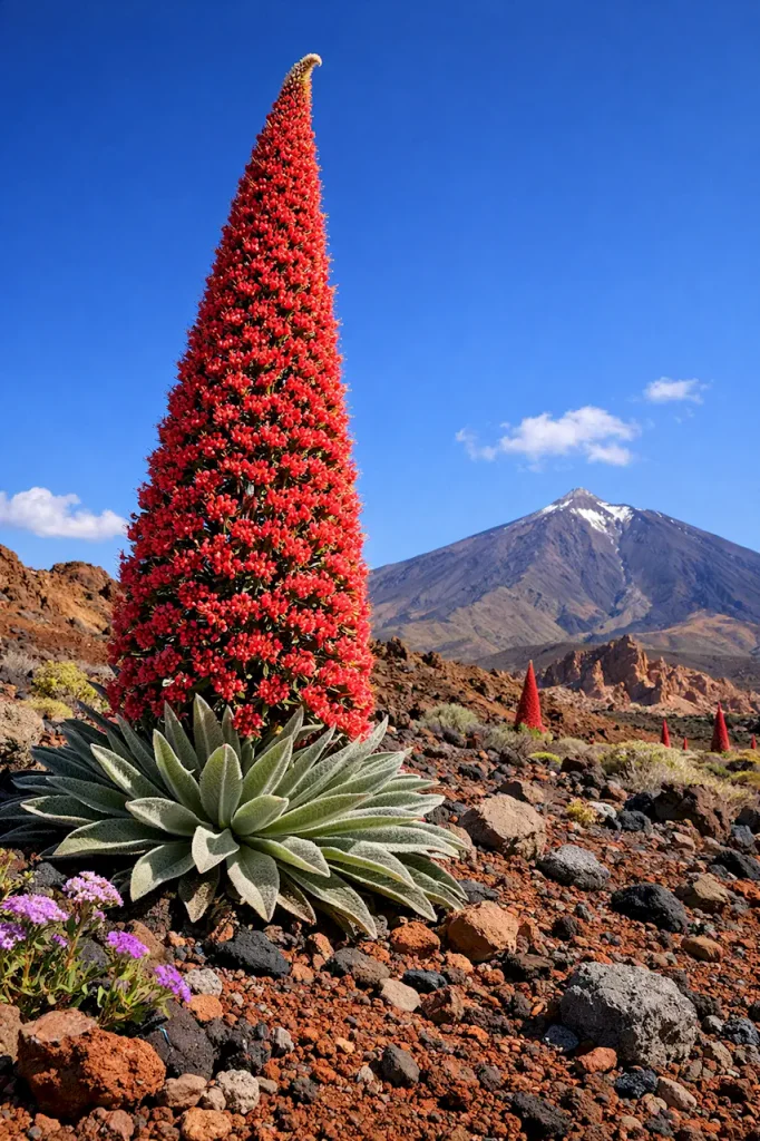 Цветонос эхиума дикого (Echium wildpretii) высотой 2 метра, вулканическая почва, фон горы Тейде, цветение тажинасте.