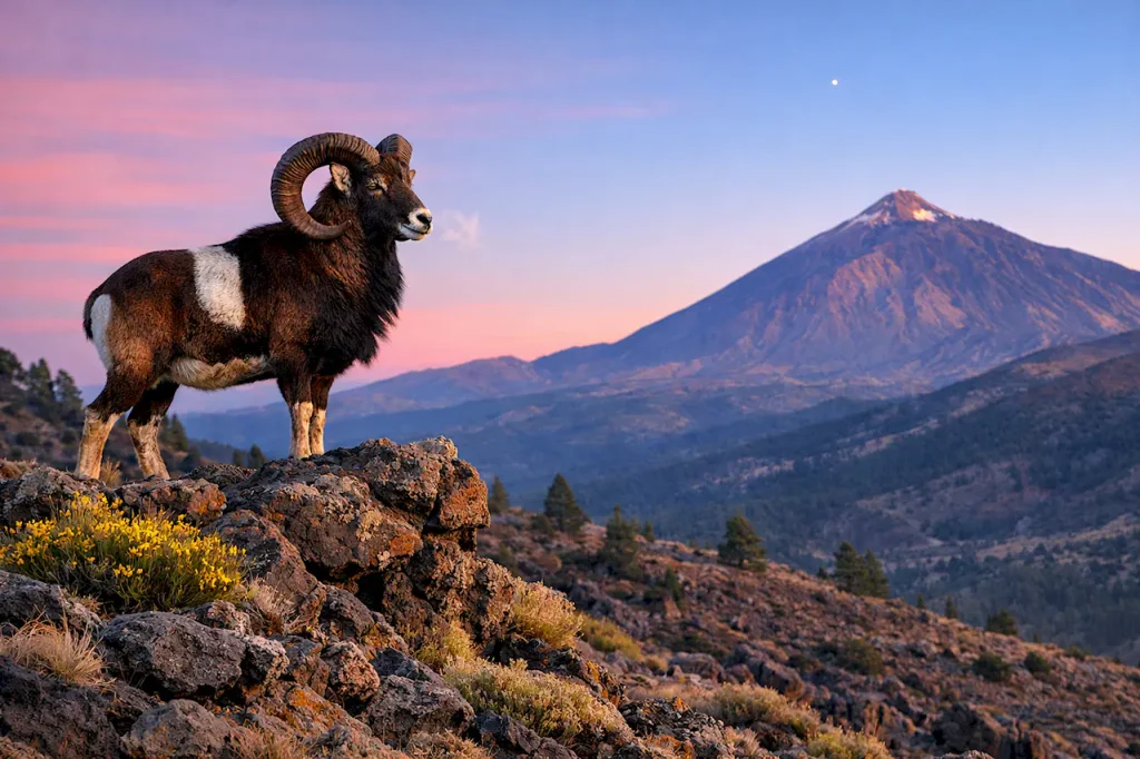 Европейский муфлон с изогнутыми рогами на вулканической скале, рассвет, гора Тейде на заднем плане, дикая горная местность