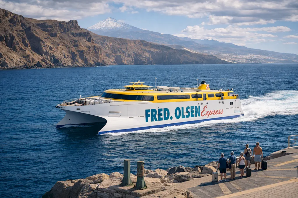 Скоростной катамаран Fred Olsen в порту Лос-Кристианос с видом на вулкан Тейде Паром Fred Olsen Express отправляется с Тенерифе на Ла-Гомеру — межостровное сообщение