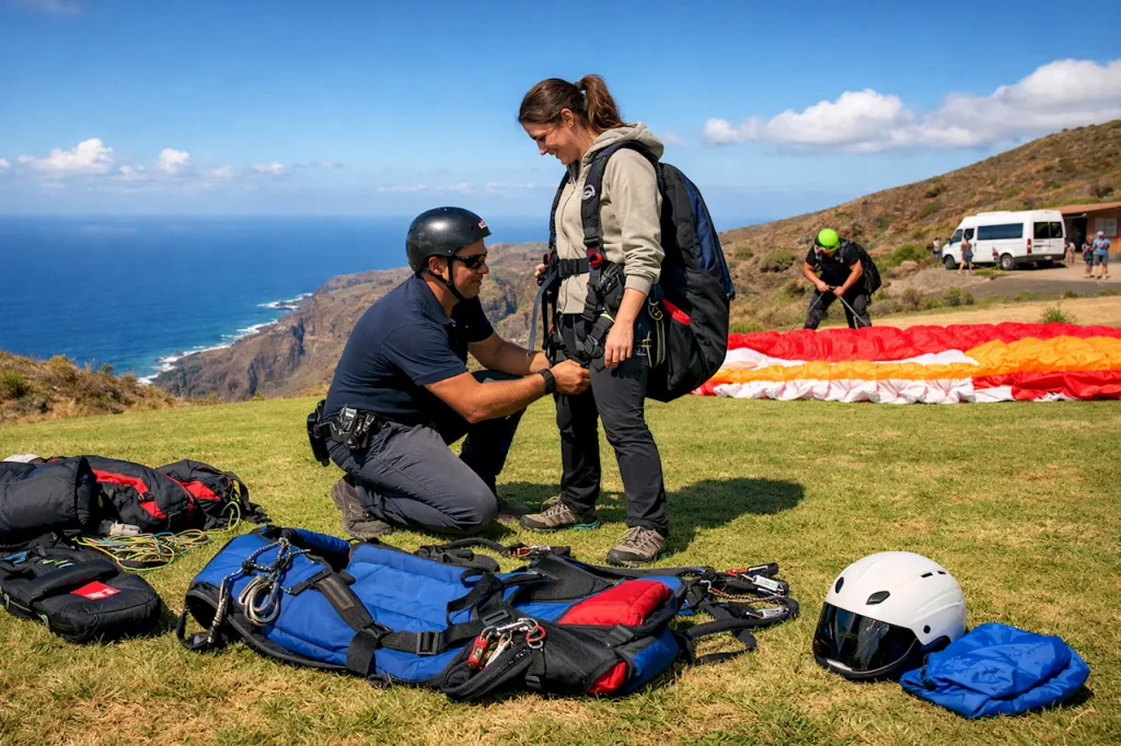 Инструктор готовит туриста к параглайдингу на Тенерифе: проверка снаряжения, подгонка подвески на площадке Таучо