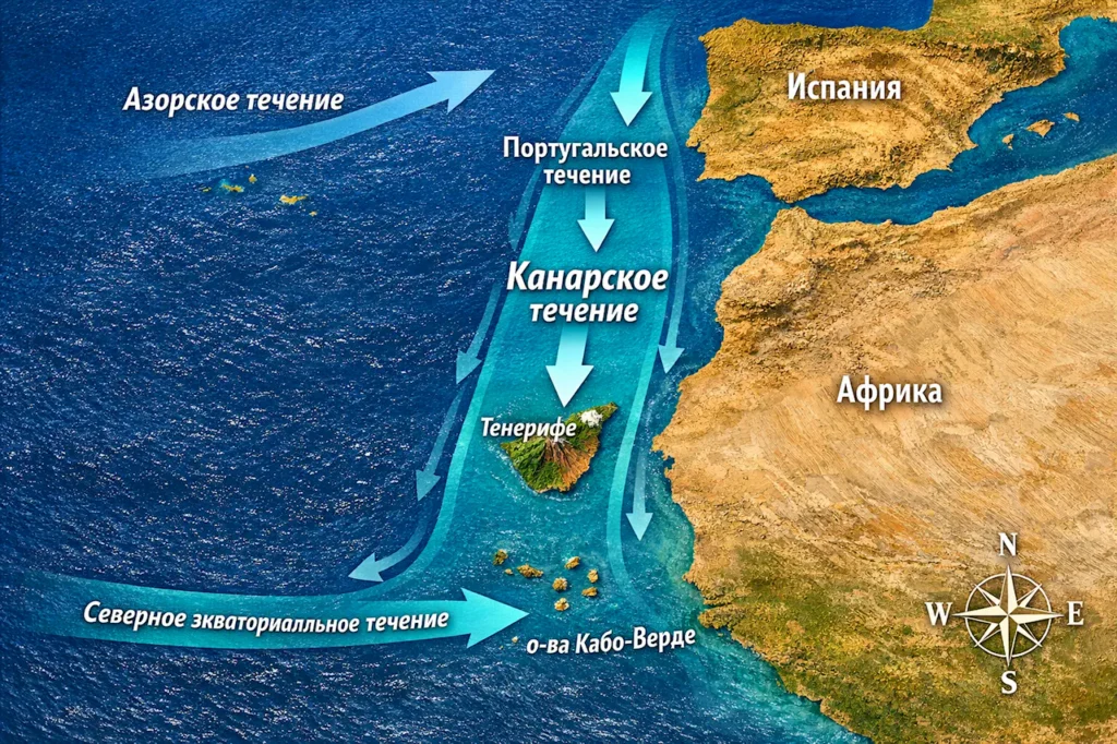 Канарское течение на карте Атлантического океана: холодный поток от Испании вдоль Африки мимо Тенерифе