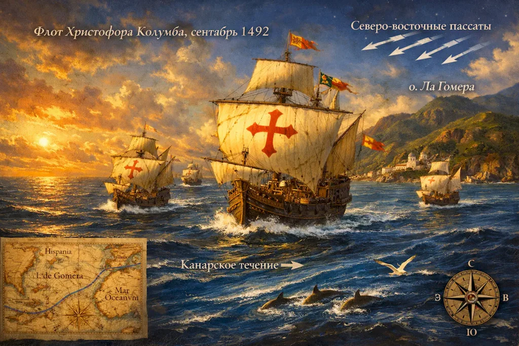 Корабли Христофора Колумба используют Канарское течение для плавания к Америке от острова Ла-Гомера