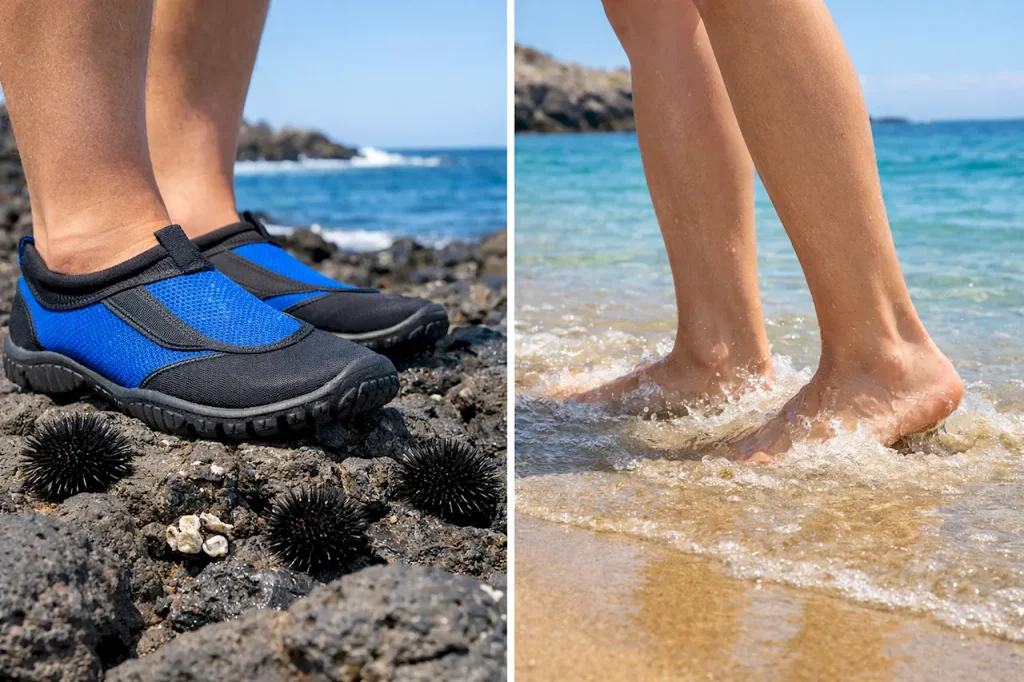 Аквашузы на лавовых камнях с морскими ежами и техника шаркающих шагов в воде — безопасность на пляже