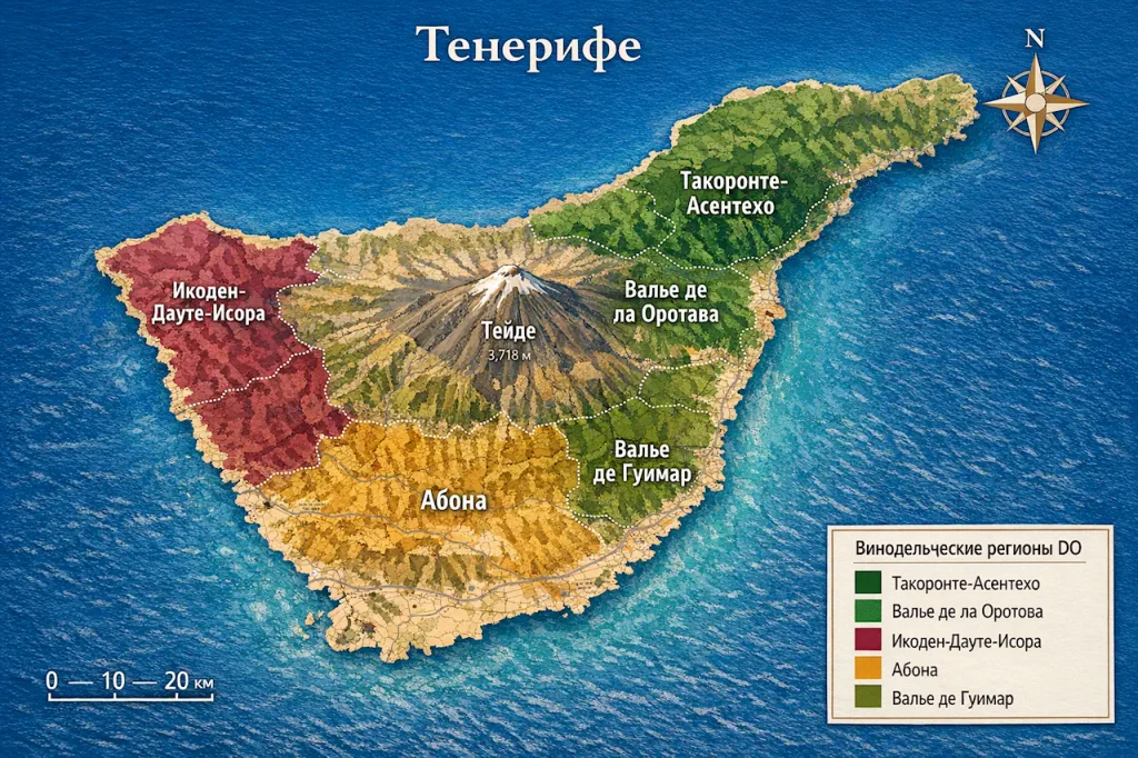 Карта винодельческих регионов Тенерифе с пятью зонами DO вокруг вулкана Тейде и Атлантическим океаном