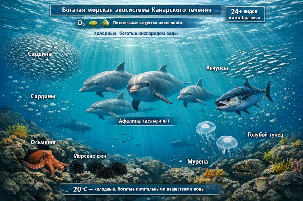 Морская экосистема Тенерифе: дельфины, тунец, сардины и осьминоги в богатых водах Канарского течения