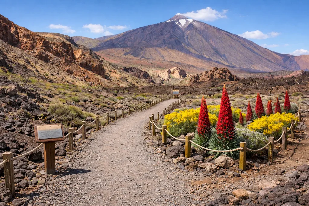 Национальный парк Тейде, охраняемые эндемичные растения, природоохранная инфраструктура, на заднем плане гора Тейде.