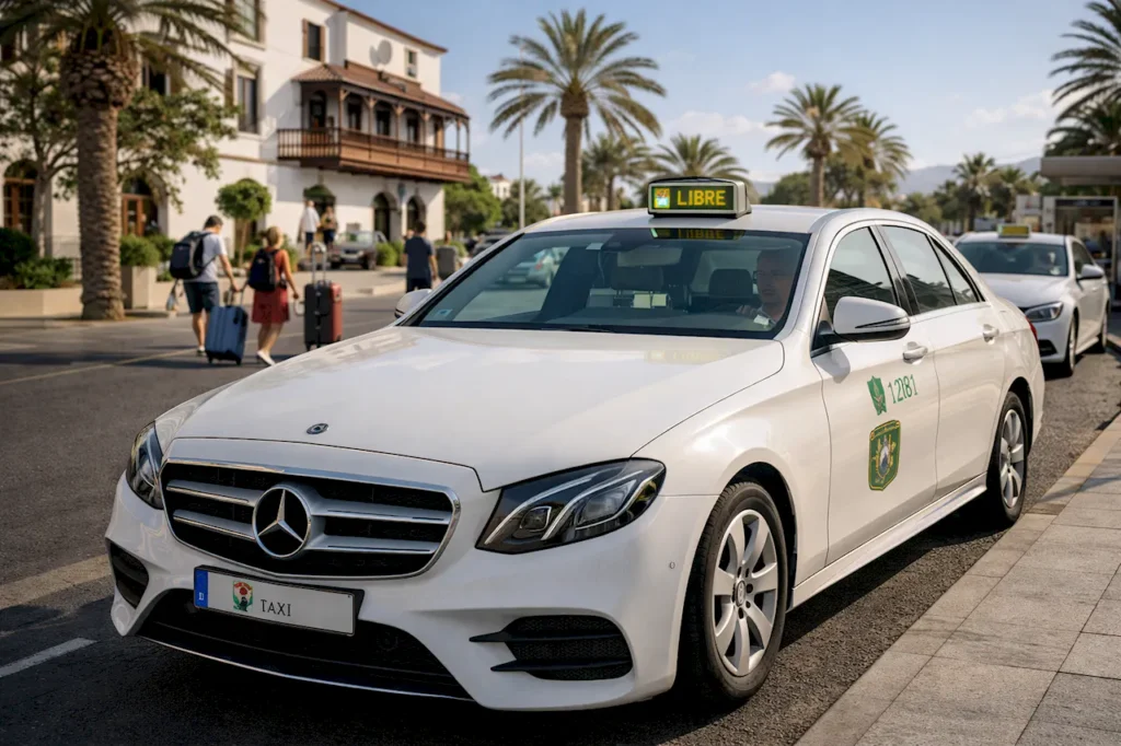 Лицензированное такси с зелёным световым сигналом на стоянке в туристической зоне Тенерифе Официальное белое такси на Тенерифе с зелёным знаком — регулируемые тарифы