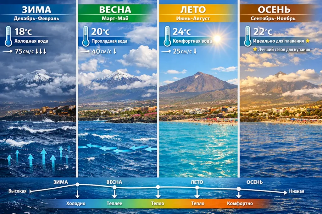 Сезонные изменения Канарского течения: скорость, температура и волны зимой, весной, летом и осенью