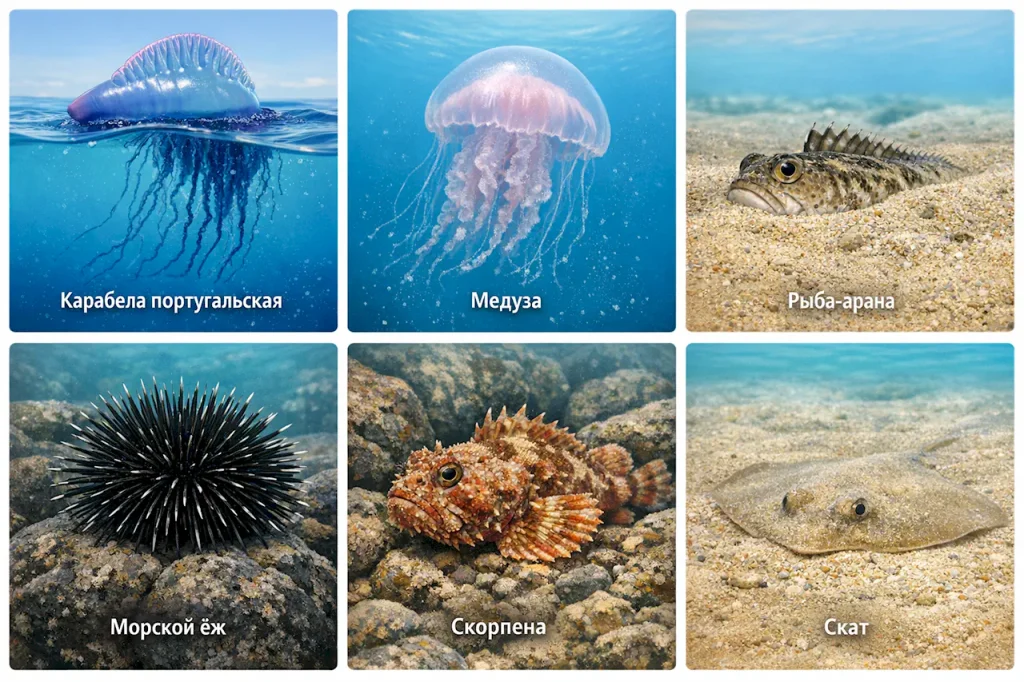 Шесть опасных морских животных Тенерифе: карабела, медуза, рыба-арана, морской ёж, скорпена, скат
