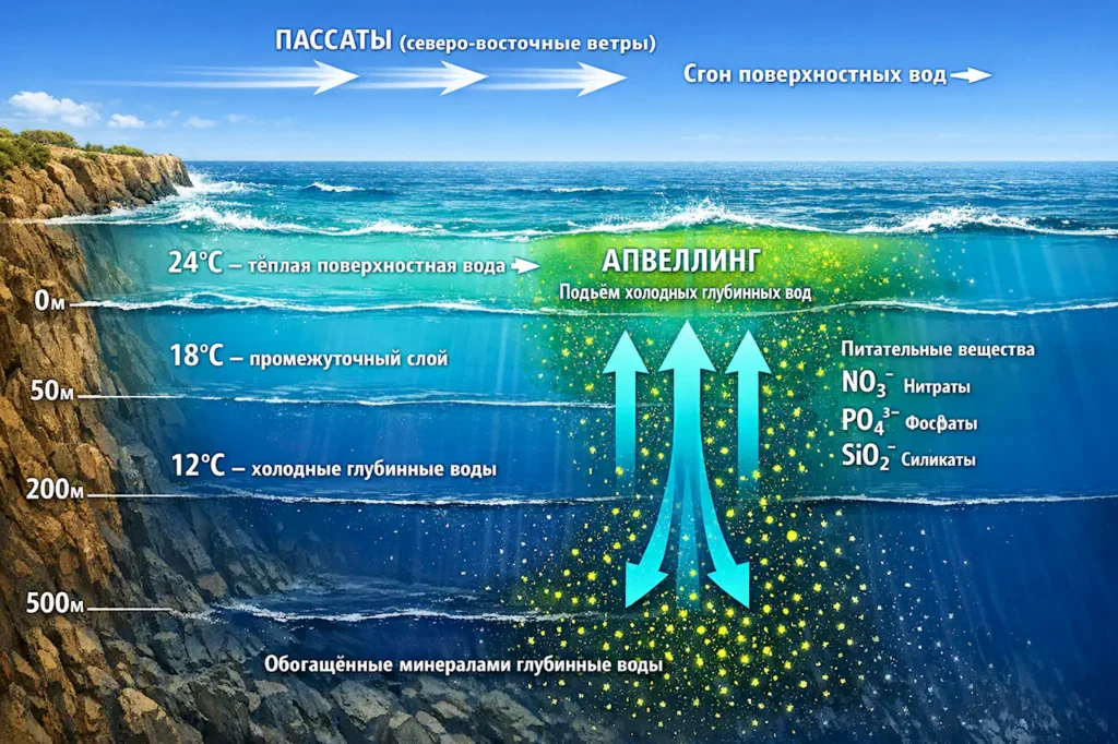 Схема апвеллинга у побережья Африки: подъём холодных глубинных вод к поверхности океана