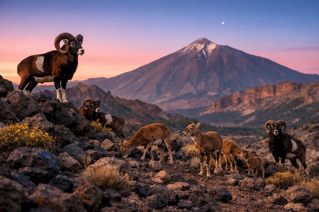 Стадо европейских муфлонов на вулканических скалах, на фоне горы Тейде, рассветный свет, дикая природа национального парка Тейде.