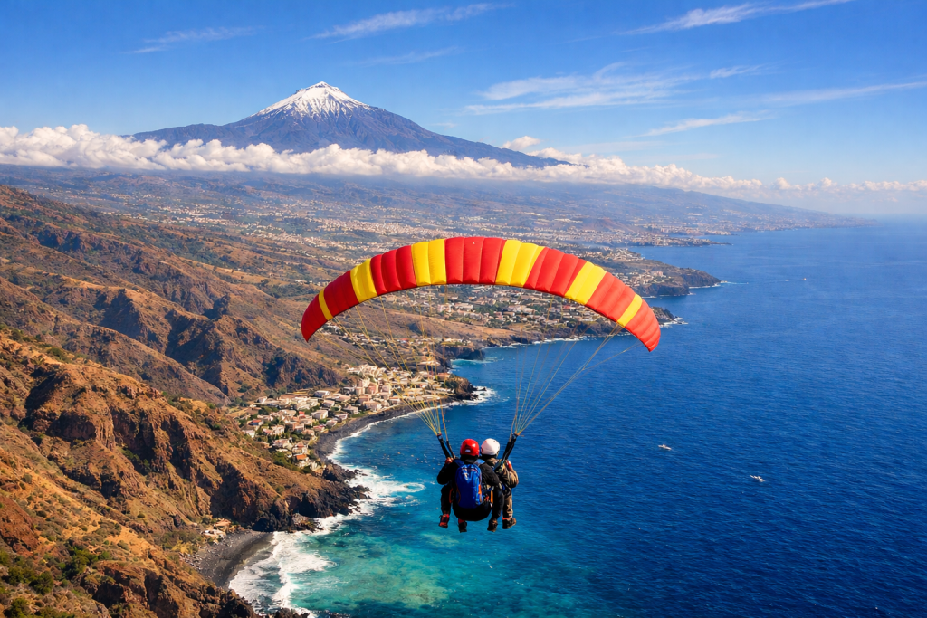Тандемный параплан над южным побережьем Тенерифе с вулканом Тейде и барранко, демонстрация круглогодичных условий