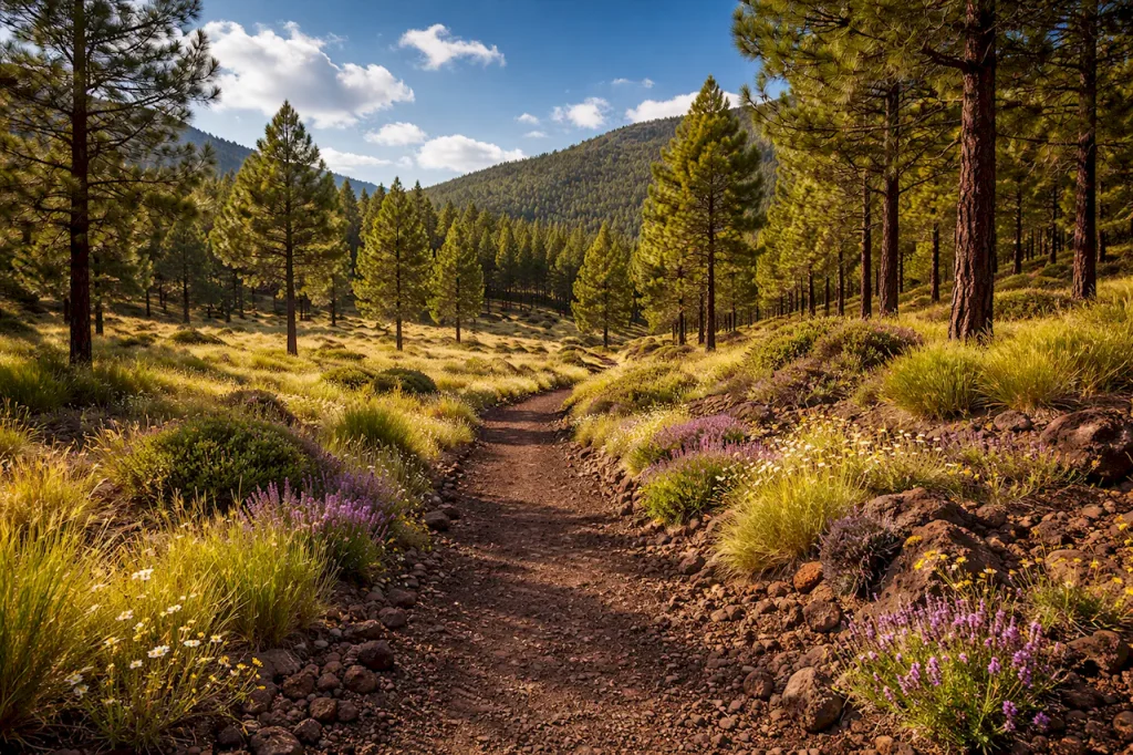Спокойный сельский ландшафт Тенерифе с канарскими соснами и вулканическими тропами