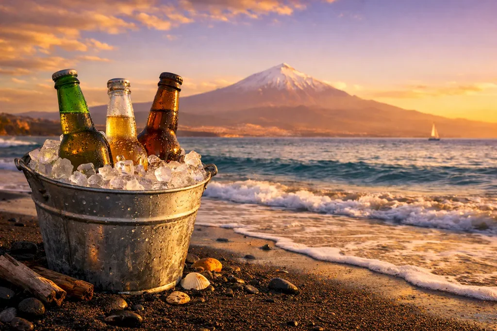 Три бутылки канарского пива во льду на вулканическом пляже с видом на Тейде и океан на закате