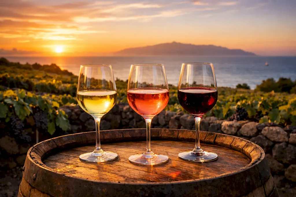 Три бокала канарского вина белое розовое красное на дубовой бочке на закате с виноградником и океаном