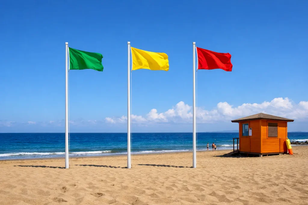 Три флага безопасности на пляже Тенерифе: зелёный, жёлтый и красный на фоне океана