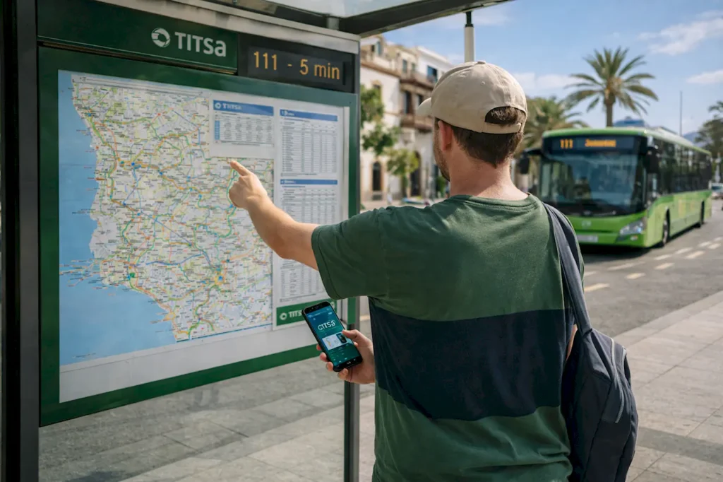 Практическое использование общественного транспорта TITSA с мобильным приложением на Тенерифе Турист изучает расписание автобусов TITSA на остановке Тенерифе — практические советы