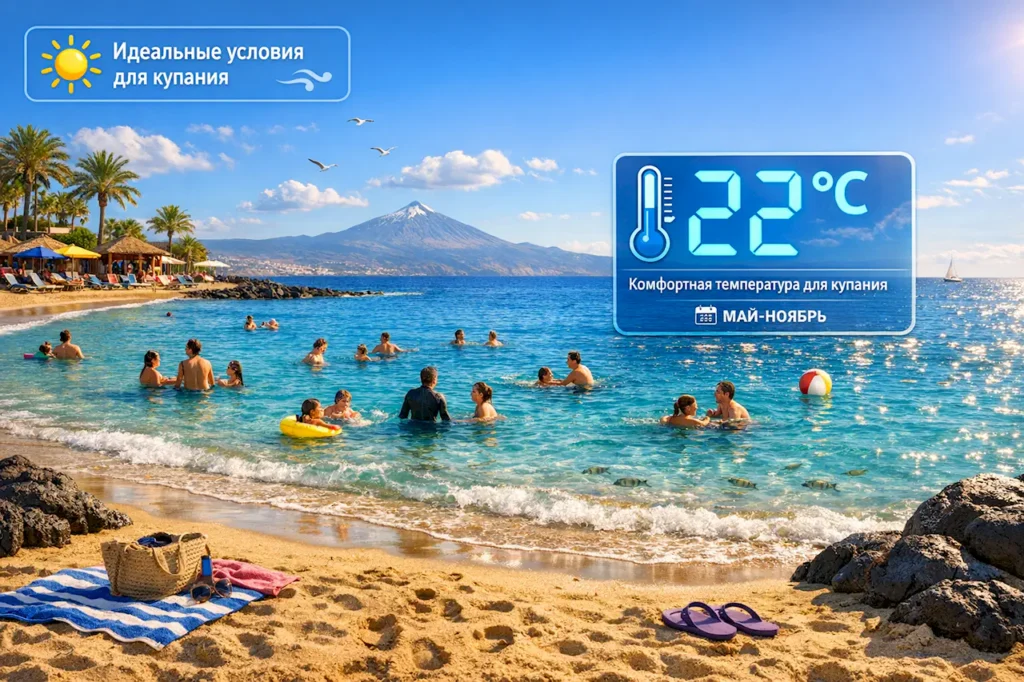 Туристы купаются на пляже Тенерифе: комфортная температура воды 22°C в летний сезон
