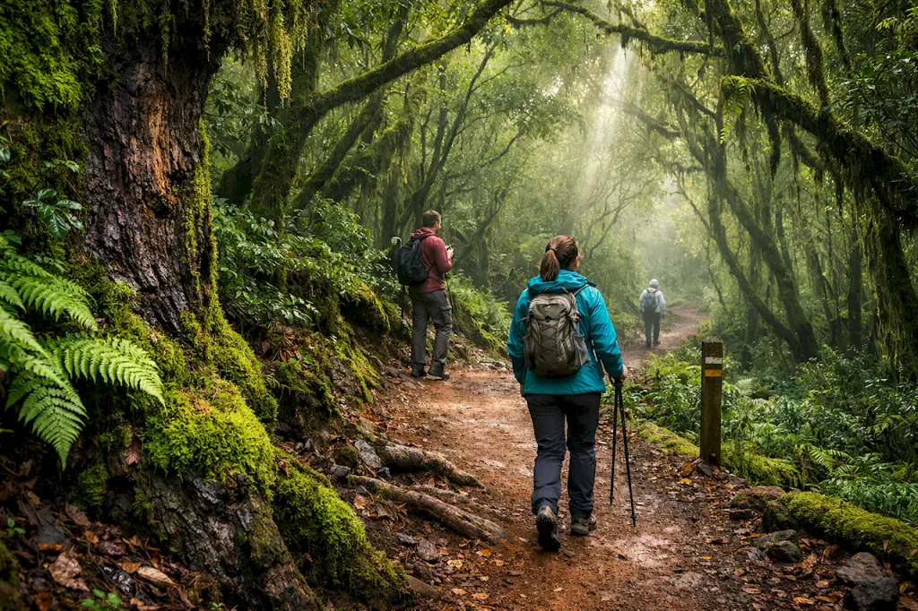 Туристы на тропе, проходящей через лавровый лес Анага, деревья, покрытые мхом, рассеянный солнечный свет, экосистема Монтеверде.