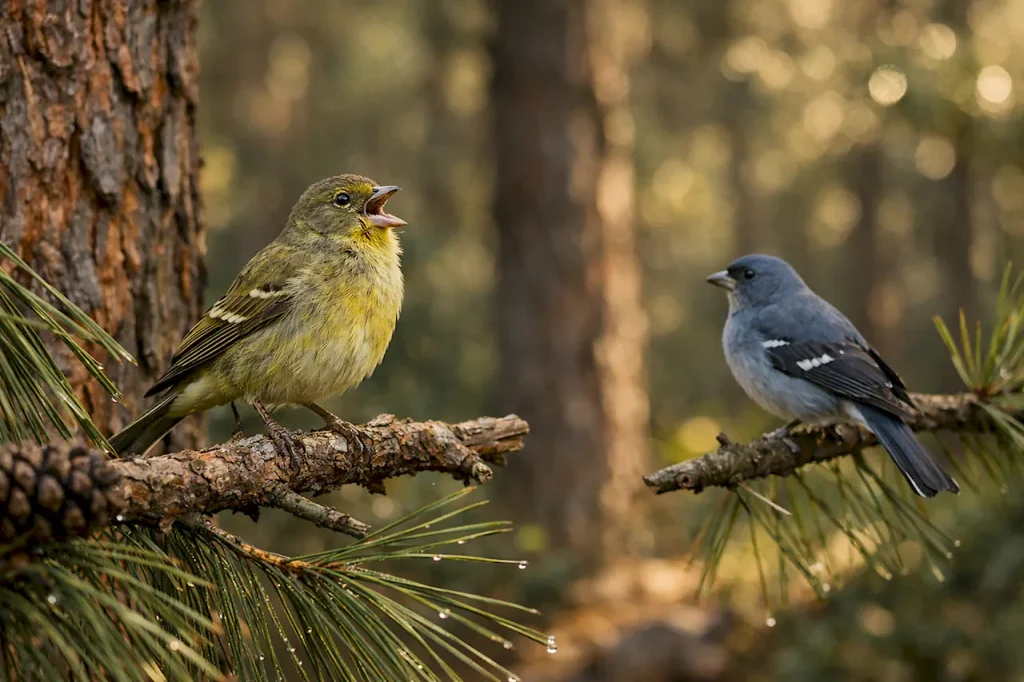 Дикая канарейка Serinus canaria поет на сосновой ветке, синий зяблик, эндемичные птицы, лес Канарских островов