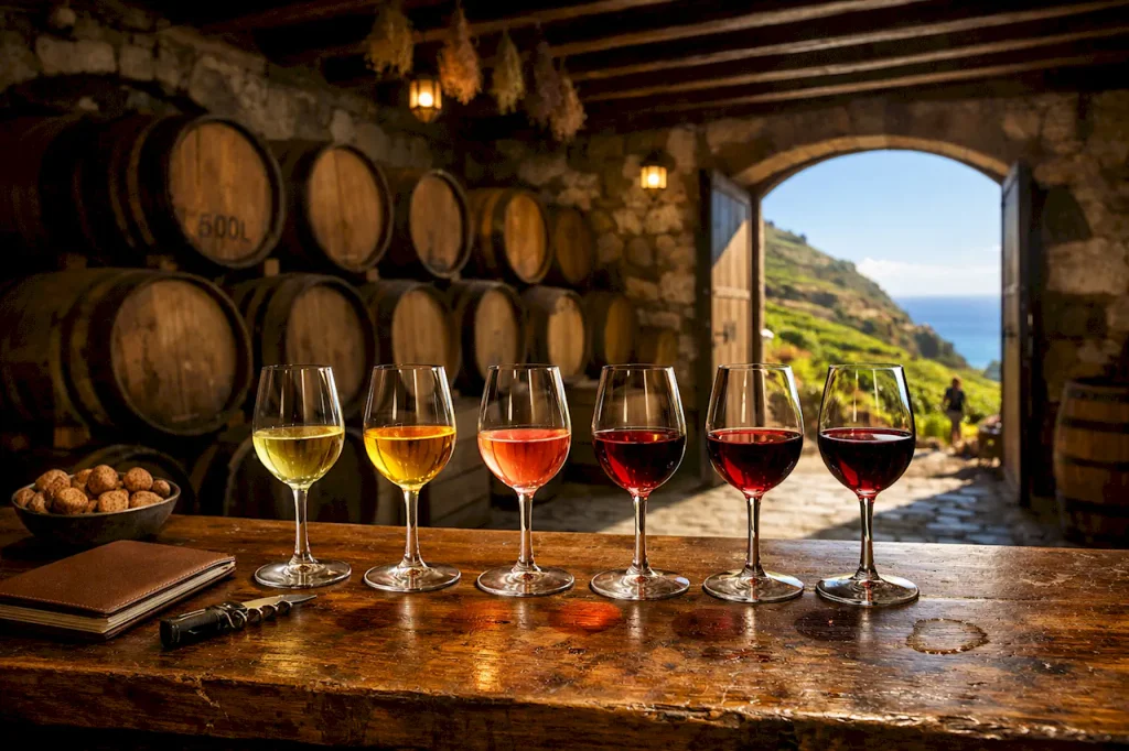 Винная дегустация в традиционной бодеге Тенерифе с бокалами на деревянной стойке и бочками